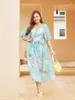 Plus Size Dresses Bandage Sexig Wrap Beach Dress Boho Blue Floral Chiffon Slit Big Women Maxi för sommaren 2023