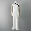 Casual Dresses 2023 Autumn Women's Dress Y2k Belt Sloping Shoulder Square Neck Threaded Stretch Slim Cotton Sleeveless Long