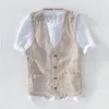 Men's Vests British Fashion Workwear Cotton Linen Vest Versatile Casual Shirt Long Sleeve Striped Coat