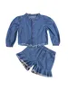 Kleidung Sets Mode Mädchen Frühling Herbst Kleidung Denim Outfit 2 stücke Solide Langarm Hemd Tops Shorts Kind 230802