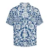 Men's Casual Shirts Antique Floral Blouses Male Blue And White Summer Short-Sleeved Design Aesthetic Oversize Beach Shirt Gift