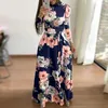 Casual Dresses Plus Size Robe Women Autumn Long Super Dress 2023 Sleeve Flower Print High Collar Bandage Vestidos