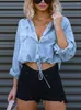 Damesblouses Sexy Denim Damesoverhemden Crop Tops Lente Blauw Casual Lange mouw Trekkoord Taille Botton Jeansjack Losse Blusa Feminina