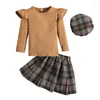 Clothing Sets 2-7T Toddler Kids Girl Fall Outfits Ruffle Long Sleeve Solid T-shirt Tops Plaid Pleated Mini Skirt Hat Clothes Set