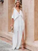 Casual Dresses Chiffon V-ringning av axelhylsan Slit Tunic Dress Women 2023 Summer Elegant Solid Color Beach Wear Maxi A1445