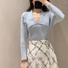 Kobiety swetry dutrieux japoński kolor stały kolor lapowy rękaw bąbelkowy Kobiet żebro Rib Sweet Sweter 2023 Spring Elastic Slim Fit Femme