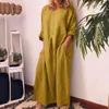 Casual klänningar vintage maxi klänning kvinnor långärmad solid o-hals sommar med fickor lösa höga midja retro vestidos