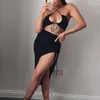 Jupes été solide mince taille haute fendu cordon froncé à lacets jupe Sexy pour les femmes Club fête Style américain vêtements