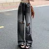 Jeans pour femmes Vintage déchiré femmes automne taille haute Denim pantalon à jambes larges Y2K ample Hip Hop Streetwear gris foncé pantalons décontractés