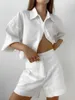 Womens Blouses Two Pieces Shirts Sets for Women Loose Short Half Sleeve White Solid Cotton Linen Summer Shorts 2201