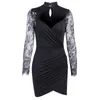 Casual Dresses Women'S Lace Collar Dress Hollow Sexy Patchwork Satin Long Sleeve Short For Bodycon Evening Party Club Wear