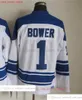 영화 빈티지 하키 1 Johnny Bower Jerseys CCM 자수 7 Tim Horton Jersey White Blue Green Retro