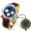 BLS NAVITIMER B01 ETA A7750 Automatisk kronograf Mens Titta på Blue White Stick Dial Brown Leather Strap AB0137211C1P1 Super Edition Reloj Hombre Swisstime J10