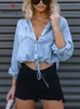 Chemisiers pour femmes Sexy Denim Femmes Chemises Crop Tops Printemps Bleu Casual Manches Longues Cordon Taille Botton Jean Veste Lâche Blusa Feminina