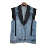 Kvinnors västar Spring Autumn Pocket Suit krage skarvning denim Vest Women Waistcoat Cowboy ärmlös jacka Löst Mid Long Jeans Kvinna