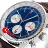 BLS NAVITIMER B01 ETA A7750 Automatisk kronograf Mens Titta på Blue White Stick Dial Brown Leather Strap AB0137211C1P1 Super Edition Reloj Hombre Swisstime J10