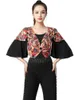 Scène Porter Fleur Latino Latin Tops Pratique Anneau Pole Dance Femme V-cou Cabaret Tango Vêtements Flare Sleeve Ballroom Femmes T-shirt