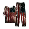 Camisetas femininas Americanas 'Independence Day' Tops e calças com estampa floral de manga cinco quartos Primavera Verão Conjunto de duas peças solto