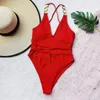 Maillot de bain femme Sexy solide rouge une pièce maillot de bain 2023 femmes métal col en V dos nu maillot de bain bain ventre contrôle Monokini