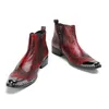 Inverno Plus Size Punta in metallo rosso Scarpe da uomo in vera pelle con fibbia Stivaletti da cowboy con cerniera Stivaletti da uomo formali da uomo d'affari