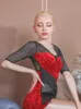 Podiumkleding Rode bloemen Aerial Dance Tops Suit Yoga Fitness Latin Ballet Bodysuit uit één stuk Top