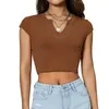 Robes Décontractées Femmes S T-shirt Côtelé Col En V À Manches Courtes Bloc De Couleur Crop Top Slim Fit Chemise De Base Y2K Fée Grunge Streetwear