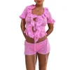 Women's Shorts Women S Floral Print Off Shoulder Crop Top And High Waist Ruffle Hem Set For Summer Beach Party