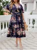 Plus Size Dresses Women Midi 2023 Summer Casual Elegant V-Neck Short Sleeve Ruffled Floral Print Boho Holiday Clothing