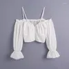 Women's Blouses Polka Dot Short Blouse Summer Spaghetti Strap Long Sleeve Women Slash Neck Fashion French Beach Top Button Closure
