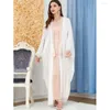 Etnik Giyim Eid Mübarek Saten Müslüman Kadın Açık Abaya Batwing Sleeve Maxi Elbise 2 Parça Set Dubai Kimono Ramazan İslami Kaftan Fas