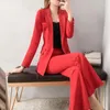 Conjunto de calças femininas de duas peças para mulheres blazer e roupa calça vermelha terno sexy feminino 2 conjuntos de calças largas perna elegante com manga xxl alfaiate