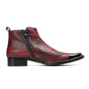 Inverno Plus Size Punta in metallo rosso Scarpe da uomo in vera pelle con fibbia Stivaletti da cowboy con cerniera Stivaletti da uomo formali da uomo d'affari