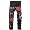 Mens Jeans Spring Punk Rivet Patch Black Denim Pants Trendy Letters Printed Slim Straight Trousers Scotland Red Plaid Patchwork 230801