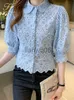 Kvinnors blusar skjortor H Han Queen Summer Blusas Basic Office Lady Blusas Vintage Lace Tops Elegant Chiffon Blue Women Loose Hollow Out Casual Shirts J230802