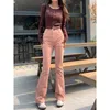 Calças femininas retrô cintura alta micro flare calças de veludo Spice Girl Hong Kong casual elástico