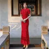 Ethnic Clothing Sexy Satin Qipao Oversize 3Xl-6Xl Red Banquet Party Dresses Chinese Style Cheongsam Gown Vintage Button Bling Sequins