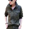 Blusas Femininas Estilo Militar Camisas de Manga Longa Bordadas Verde Exército 2023 Primavera Camisas Casuais com Gola Feminina com Dragonas