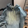 Kvinnors hoodies retro jacka mode denim tröja hooded casual löst ärmgata kläder koreanska y2k topp 2023 ropa mujer