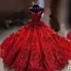 Dark Red Quinceanera Dresses Off the Shoulder Straps Sparkly Sequins Applique Ruffles Tiered Sweet 16 Birthday Party Ball Gown Custom Made 2023