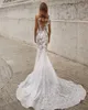 Boho Mermaid Wedding Dress 3D Flowers Appliques Brudklänningar Beach Bohemian Sheer Back Vestido de Casamento