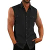 Men's Casual Shirts Linen Shirt Summer Beach Top Black Wine Blue Sleeveless Solid Color Hawaiian Tee Collar Sweatshirt Clothing