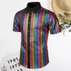 T-shirts pour hommes chemise respirante paillettes brillantes réfléchissantes années 70 Disco Club Style Vintage col rabattu manches courtes bouton vers le bas hommes