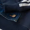 Herrjackor män denim lapptäcke med rygg rem design hooded jacka hip hop randiga hoodies zip pullover pälsa