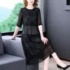 Casual Kleider 2023 Frauen Schwarz Floral Mesh Stickerei Kleid Sommer Koreanische Vintage Elegant