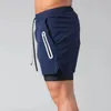 Shorts Masculino Masculino 2 em 1 Correndo Verão Elástico Musculação Calça Curta Fitness Azul Marinho Praticar Jogger Treino de Academia