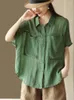 Kvinnors blusar Johnature Women Vintage Ramie Shirts Patchwork Pockets Solid Color Summer Tops 2023 Button Turn-Down Collar Casual T-Shirts