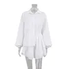 2 peças de pijamas femininos de algodão para casa, lanterna sólida, manga longa, blusa lapela, babados, perna, shorts largos, roupas femininas 2308032