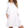 Casual Dresses Summer Women Ladies Solid Color Big Hem Dress Crew Neck Long Sleeve Pockets One Piece Suit Female Sexy Party Clothing