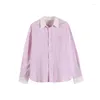 Women's Blouses Embroidered Pink Striped Shirts For Women Autumn Cotton Korean Style Casual All-match Blue Tops Color Matching Clothes