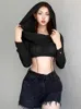 Hoodies voor dames See Through Knit Sexy Solid Pullover Club Outfit For Women Long Sleeve Hooded Crop Top Coquette Black Y2k